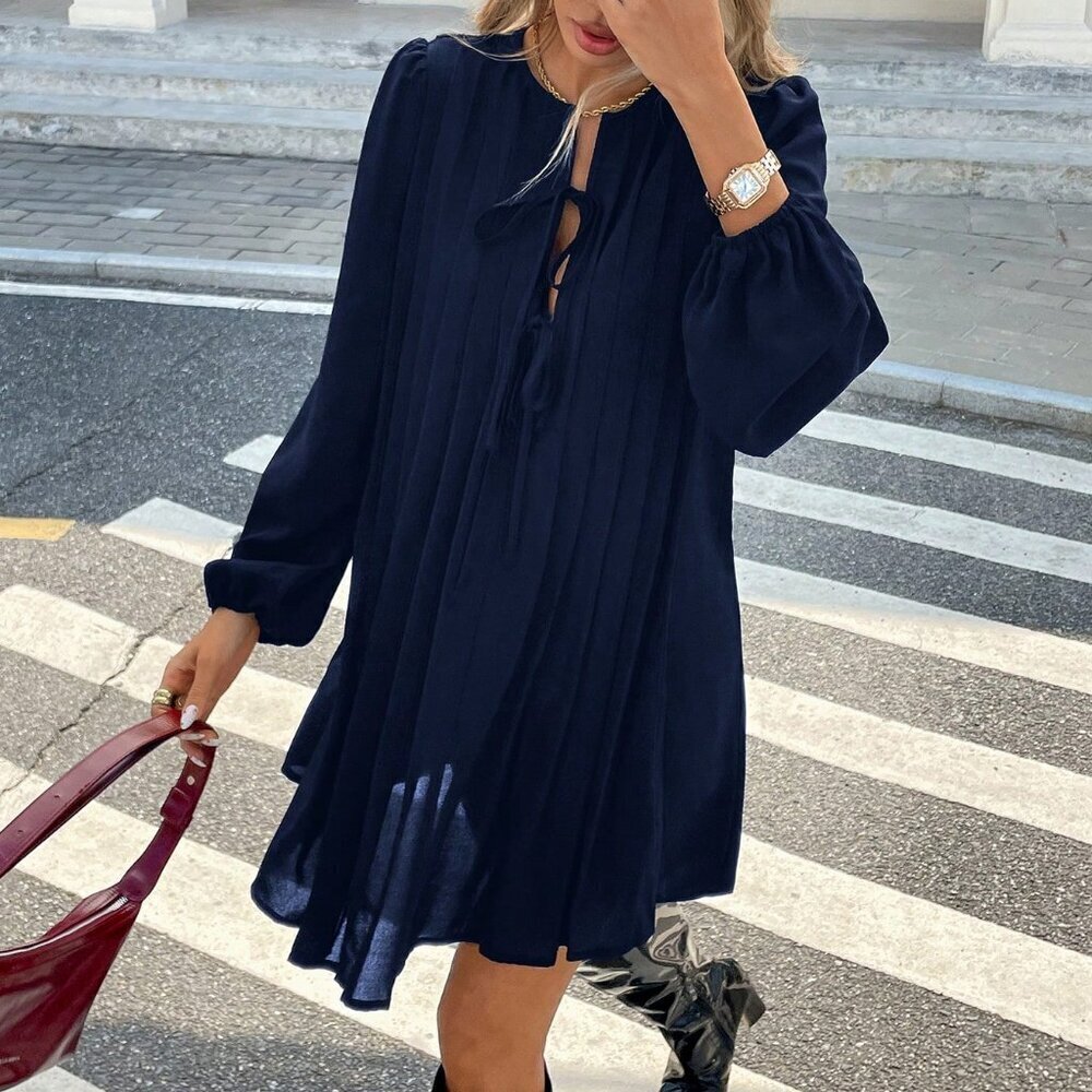 Navy Blue Casual Women's Pleated Long Sleeved Mini Dress